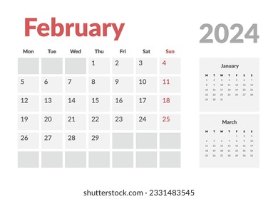 Plantilla de calendario de febrero de 2024. Calendario sencillo de diseño de vectores con semana de inicio lunes.
