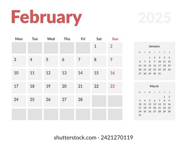 Calendar Template of February 2025. Vector layout simple calendar with week start Monday.