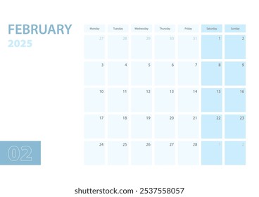 Plantilla del calendario para febrero de 2025, la semana comienza el lunes. El calendario está en un esquema de color azul. Ilustración vectorial.