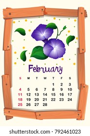 Calendar template for February with morning glory illustration