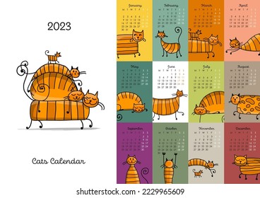 Calendar template, funny cats family. Symbol of 2023. Vector illustration