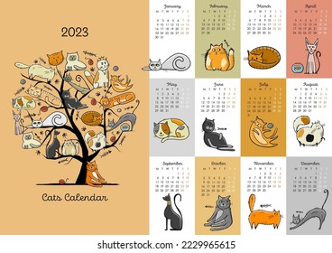 Calendar template, funny cats family. Symbol of 2023. Vector illustration