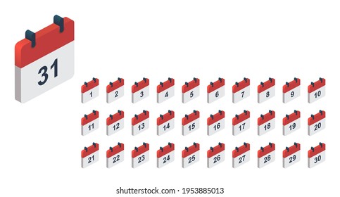 Calendarios isométricos. El calendario se remonta al número treinta y uno. Conjunto de fechas de calendario coloreadas aisladas en fondo blanco. Ilustración del vector 