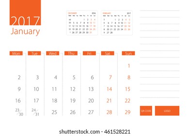 Calendar template of January 2017