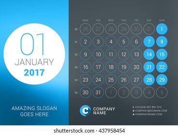 Calendar Template for January 2017. Vector Design Print Template with Place for Photo, Company Logo, Slogan and Contact Information. Dark Background. Week Starts Monday