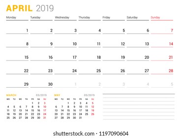 Calendar template for January 2019. Business planner. Stationery design. Week starts on Monday. 2 Months on the page. Vector illustration