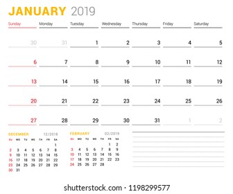 Calendar template for January 2019. Business planner. Stationery design. Week starts on Sunday. 2 Months on the page. Vector illustration