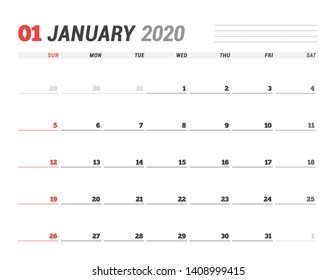 Calendar template for January 2020. Business planner. Stationery design. Week starts on Sunday