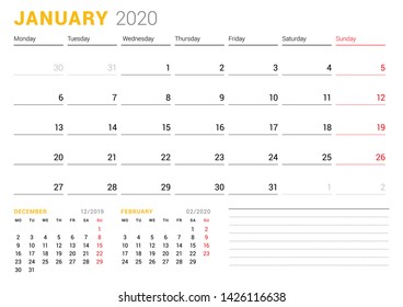 Calendar template for January 2020. Business planner. Stationery design. Week starts on Monday. Vector illustration