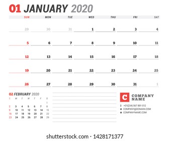 Calendar template for January 2020. Business planner. Stationery design. Week starts on Sunday