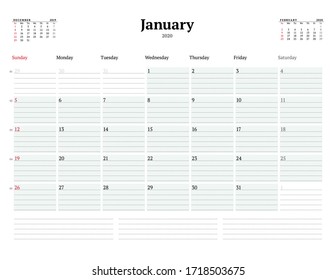 Calendar template for January 2020. Business monthly planner with dotted lines for notes. Stationery design. Week starts on Sunday. Vector illustration