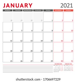 Calendar template for January 2021. Business monthly planner. Stationery design. Week starts on Monday. Vector illustration
