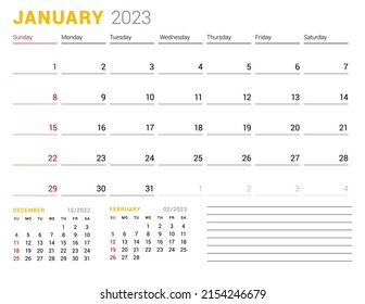 Calendar template for January 2023. Business monthly planner. Stationery design. Week starts on Sunday. Vector illustration