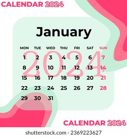 Calendar Template January 2024 Pink Green. Vector illustration design.