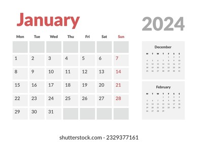 Calendar Template of january 2024. Vector layout simple calendar with week start Monday.