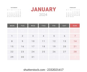 Calendar Template of january 2024. Vector layout simple calendar with week start Monday.