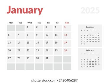 Calendar Template of January 2025. Vector layout simple calendar with week start Monday.