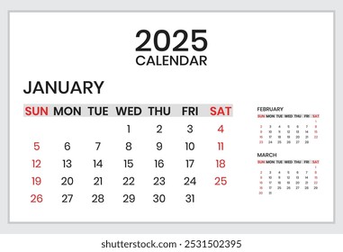 Calendar template for January 2025. Week starts from Monday. Business and personals planer Vector illustration