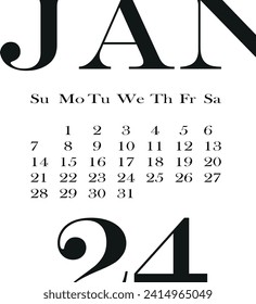 calendar template for January month 2024 without background, for use in notebooks or for printing, vector