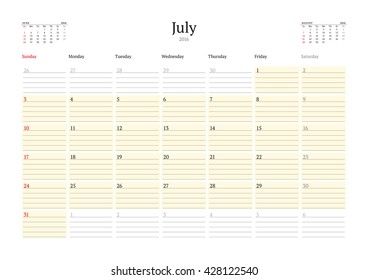 Calendar Template for July 2016. Week Starts Sunday. Planner Design Print Template. Vector Calendar. Stationery Design