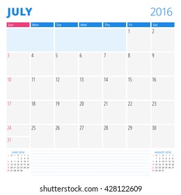 Calendar Template for July 2016. Week Starts Sunday. Planner Design Print Template. Vector Calendar. Stationery Design