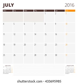 Calendar Template for July 2016. Week Starts Monday. Planner Design Print Template. Vector Calendar. Stationery Design
