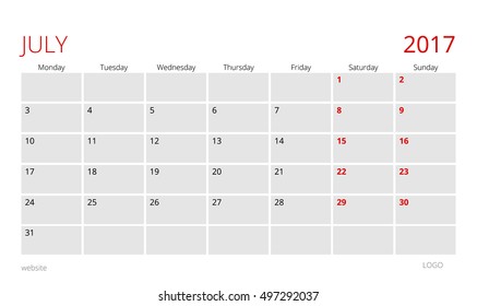 Calendar template of July 2017