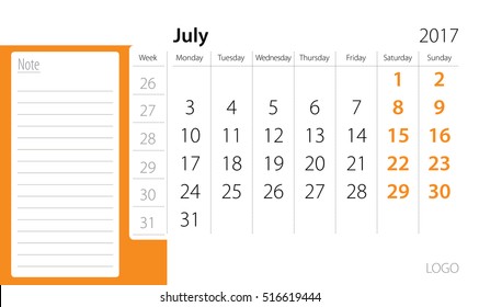 Calendar template of July 2017