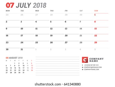 Calendar template for July 2017. Business planner. Stationery design. Week starts on Monday. 2 Months on the page. Vector illustration