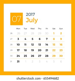 Calendar template for July 2017. Week starts on Monday. Design print vector template isolated on color background