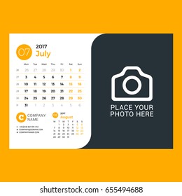 Calendar template for July 2017. Week starts on Monday. Design print vector template isolated on color background