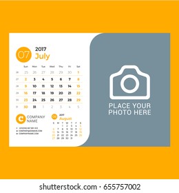 Calendar template for July 2017. Week starts on Sunday. Design print vector template isolated on color background