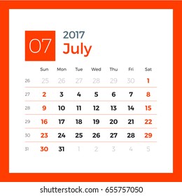 Calendar template for July 2017. Week starts on Sunday. Design print vector template isolated on color background