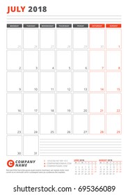 Calendar Template for July 2018. Business Planner 2018 Template. Stationery Design. Week starts on Monday. Vector Illustration