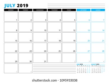 Calendar Template for July 2019. Business Planner Template. Stationery Design. Week starts on Monday. 3 Months on the Page. Vector Illustration