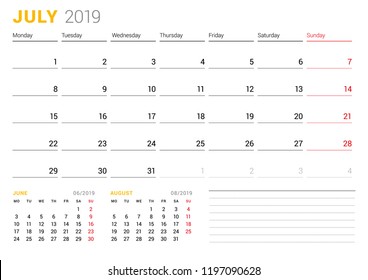 Calendar template for July 2019. Business planner. Stationery design. Week starts on Monday. 2 Months on the page. Vector illustration