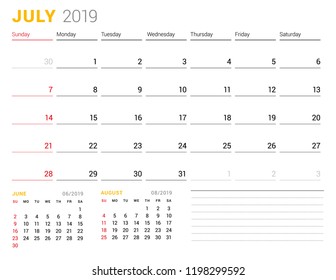 Calendar template for July 2019. Business planner. Stationery design. Week starts on Sunday. 2 Months on the page. Vector illustration