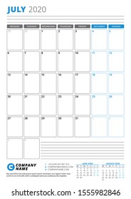 Calendar template for July 2020. Business planner. Stationery design. Week starts on Monday. Portrait orientation. Vector illustration