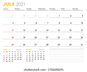 Calendar template for July 2021. Business monthly planner. Stationery design. Week starts on Sunday. Vector illustration