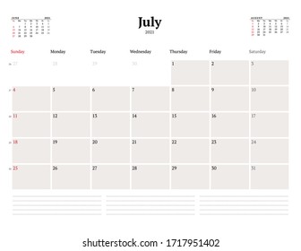 Calendar template for July 2021. Business monthly planner. Stationery design. Week starts on Sunday. Vector illustration