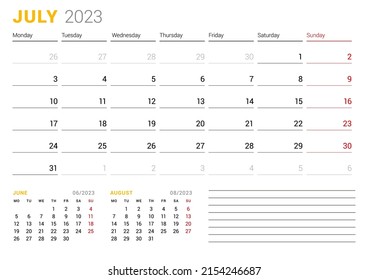 Calendar template for July 2023. Business monthly planner. Stationery design. Week starts on Monday. Vector illustration