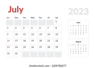 Calendar Template of july 2023. Vector layout simple calendar with week start sunday.