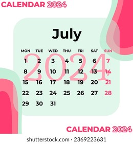 Calendar Template July 2024 Pink Green. Vector illustration design.