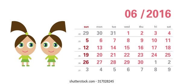 Calendar template - june 2016 - cartoon gemini, sign of zodiac (weeks start sunday, numbers of weeks) 