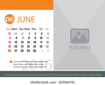 Calendar template of June 2016 with space to place your image,vector illustration