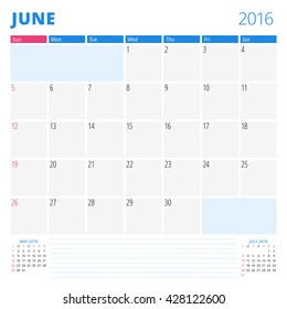 Calendar Template for June 2016. Week Starts Sunday. Planner Design Print Template. Vector Calendar. Stationery Design