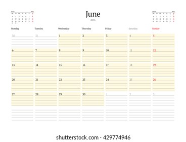 Calendar Template for June 2016. Week Starts Monday. Planner Design Print Template. Vector Calendar. Stationery Design