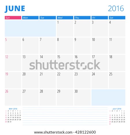 Calendar Template for June 2016. Week Starts Sunday. Planner Design Print Template. Vector Calendar. Stationery Design