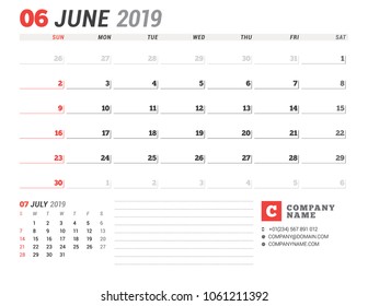 Calendar template for June 2019. Business planner. Stationery design. Week starts on Sunday. 2 Months on the page. Vector illustration