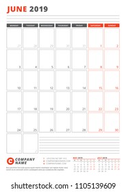 Calendar Template for June 2019. Business Planner Template. Stationery Design. Week starts on Monday. Portrait orientation. Vector Illustration